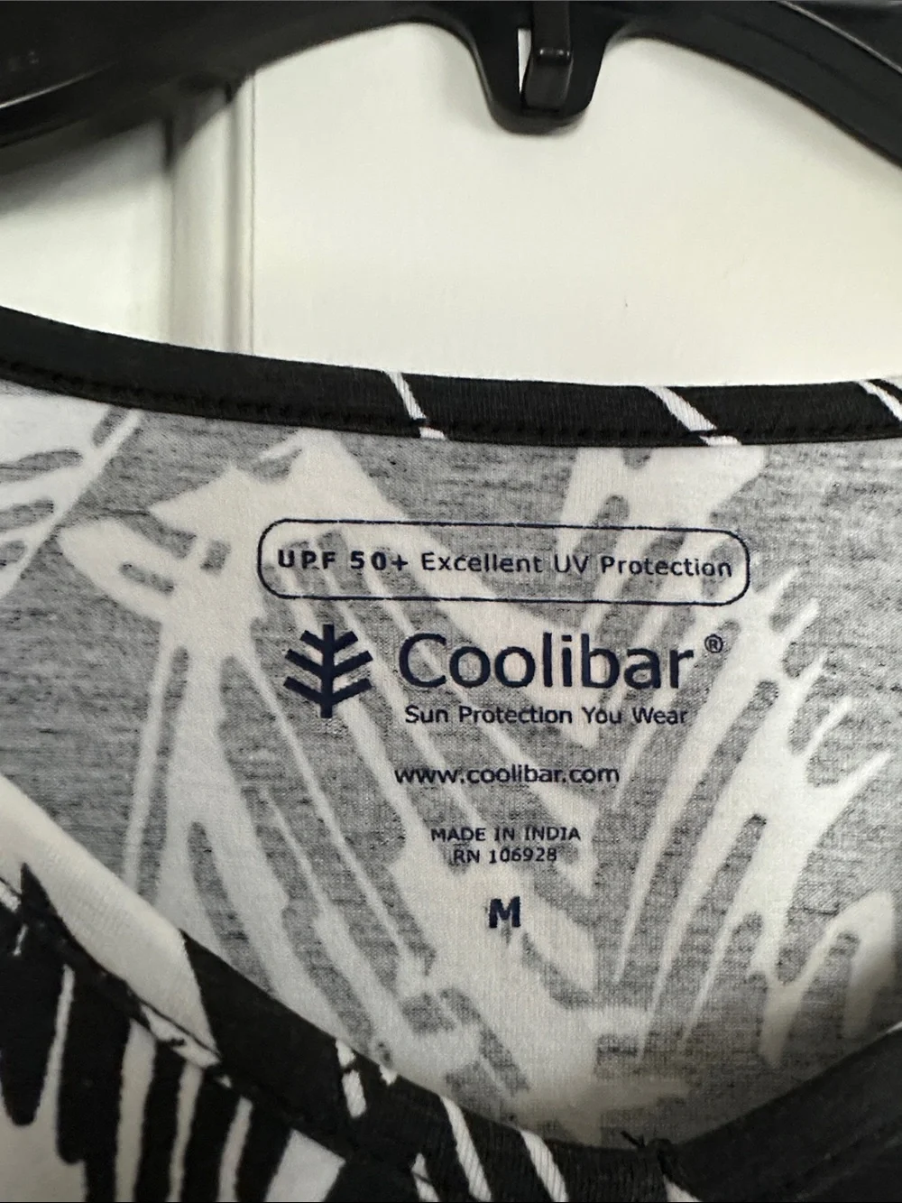 Coolibar UPF 50 Black & White Tropical Leaf V-Neck Long Sleeve Top